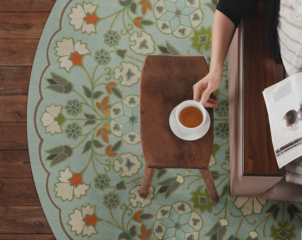 spicher and company biltmore arabesque bloom aqua verdure vinyl mat