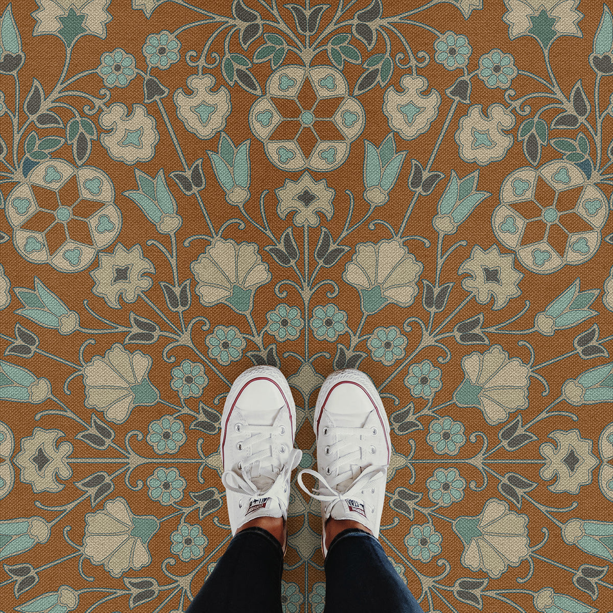 spicher and company biltmore arabesque bloom cognac and  sea glass vinyl mat