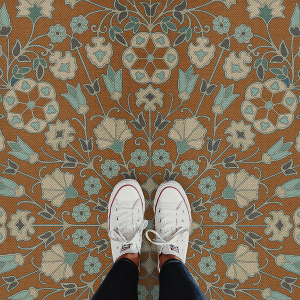 spicher and company biltmore arabesque bloom cognac and  sea glass vinyl mat