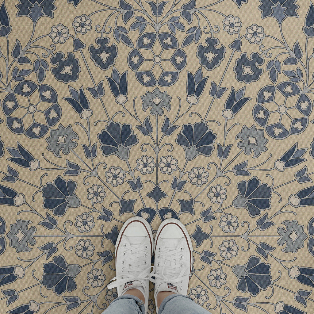 spicher and company biltmore arabesque bloom indigo linen vinyl mat